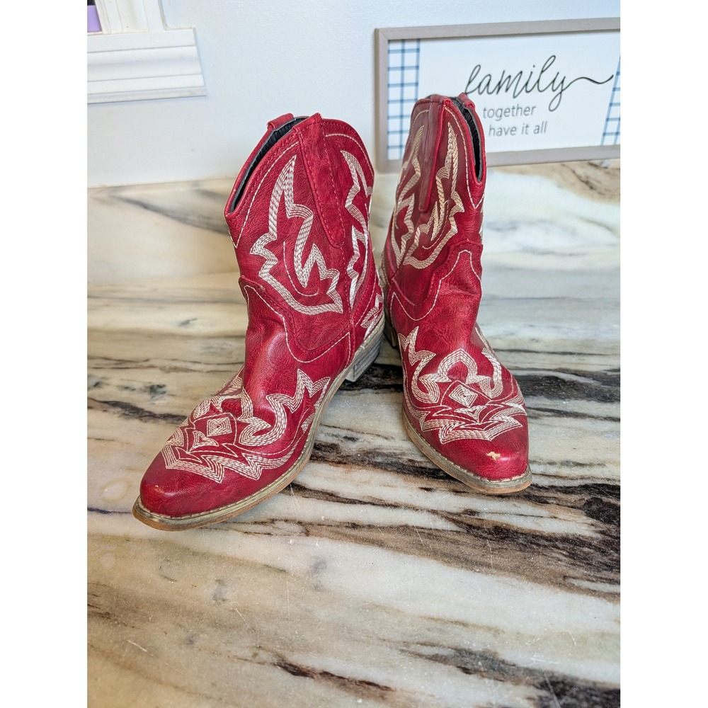 Red Embroidered Western‎ Cowboy Ankle Boots Pointed Toe EU 35 US 5